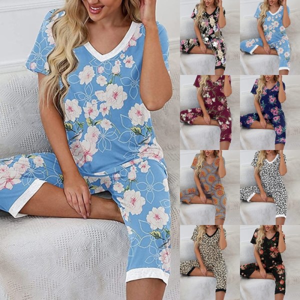 Naisten pyjamat, 2-osainen neulottu lyhythihainen t-paita ja Capri-housut, musta printti Black Print S