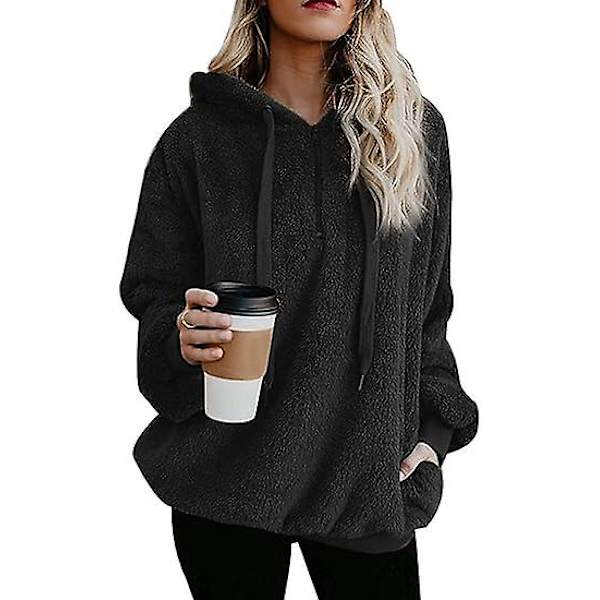 Super Dalian hættetrøje Dame lam Fleece Pullover Fleece Uld Pullover Hævet frakke med lommer (sort) XXL