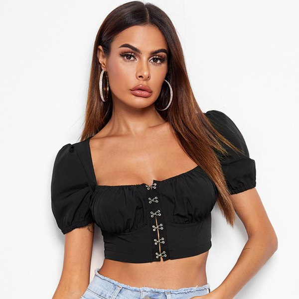 Kvinners Ruffles Kortermet Tie Up Back Crop Skulder Bluse Svart black XL