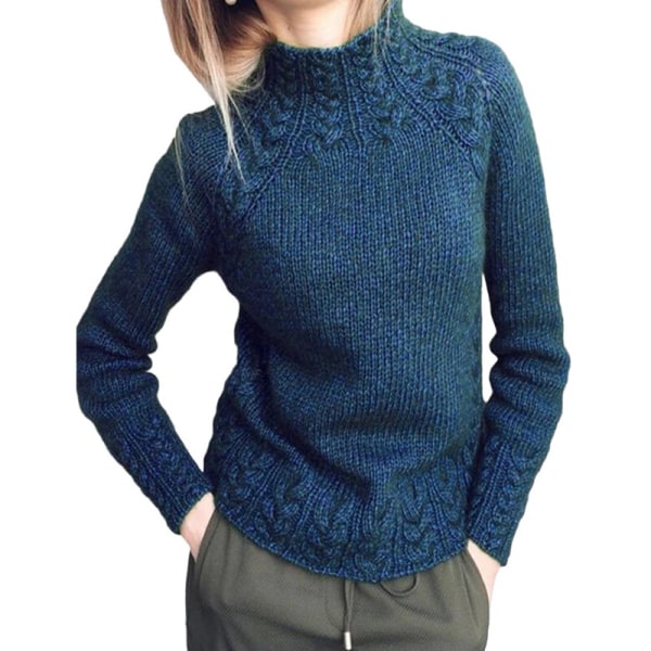 Kvinders langærmede højhalsede striktrøjer ensfarvet sweater blå Blue XL