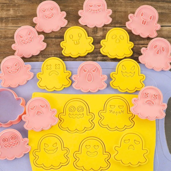 Ghost Cookie Cutter Set - 10 delar plaststämpel för Halloween bakning