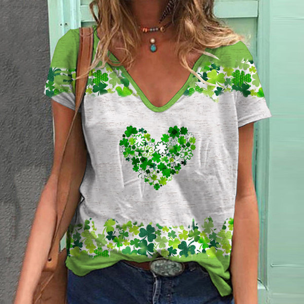 St.Patrick's Day T-skjorte med V-hals for kvinner Bluse asual Løs topp C C 2XL