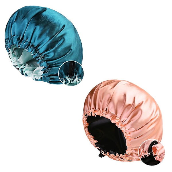 Vendbare vanntette silkeglatt sateng justerbare natthetter (rosegull+sjøgrønn) 2 stk. color 7