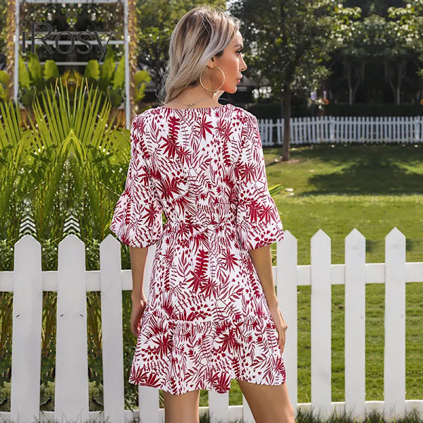 Dameprint med V-hals Korte, udskårne ærmer, elastisk taljekjole Casual Elegante sommerkjoler Outfits rød red XL
