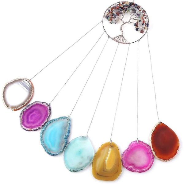 7 Chakra Natural Agate Discs Livets tre Krystall vindklokker Hengende vindklokker for hage utendørs innendørs dekorasjon