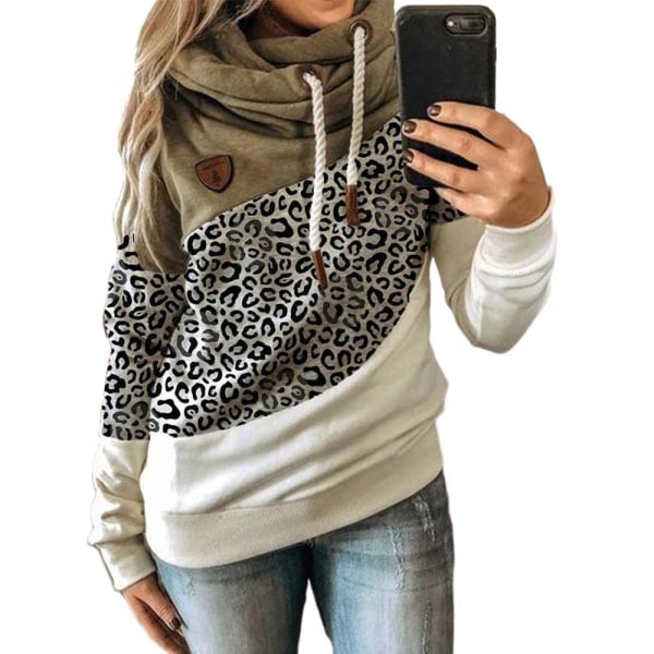 Huvtröja för kvinna med turtleneck sweatshirt hoodie sport camo tröja Leopard + Khaki Leopard + Khaki M