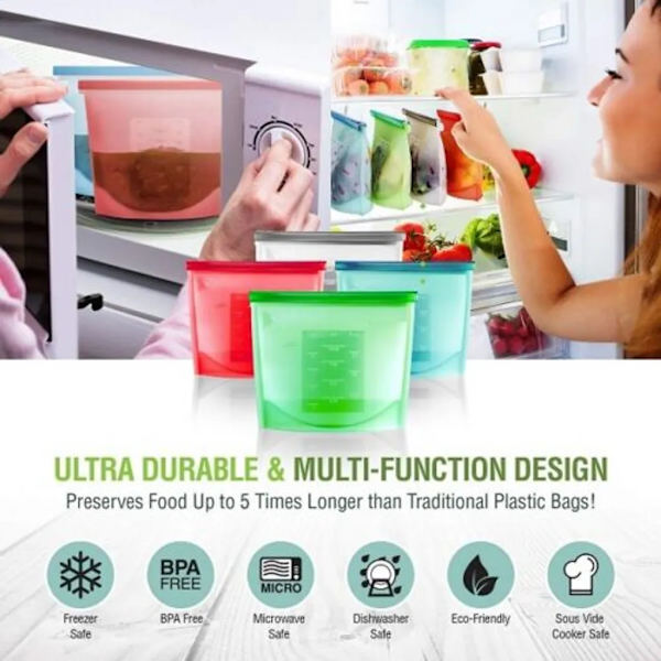 Pakkaus 8 Kitchen Fresh Zip Lock PAG Uudelleenkäytettävä silikonipakastin Säilytys Vetoketjukassit Vacuum Fresh