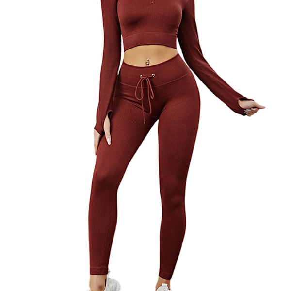 Kvinnor Ribbade Leggings Sömlös Dragsko Yoga Sports Tights Wine red