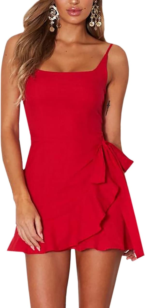 Kvinnors casual volangfåll Solid omlottklänning Spaghetti Rem Front Tie Knot Short