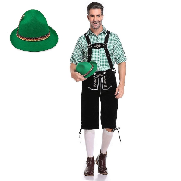 Bayersk Oktoberfest-sett for menn for kostymefest og ølfestival - tradisjonelle lederhosen, skjorte og lue for Halloween kostyme grønn Green M