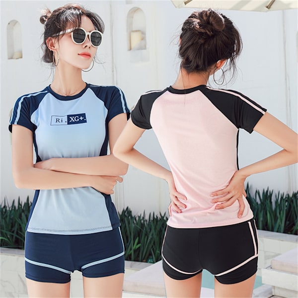 Lyhythihaiset naisten rashguard ja poikashortsit kaksiosaiset jaetut uimahousut opiskelijoiden uima-asut lomalle Rose Red Rose red M