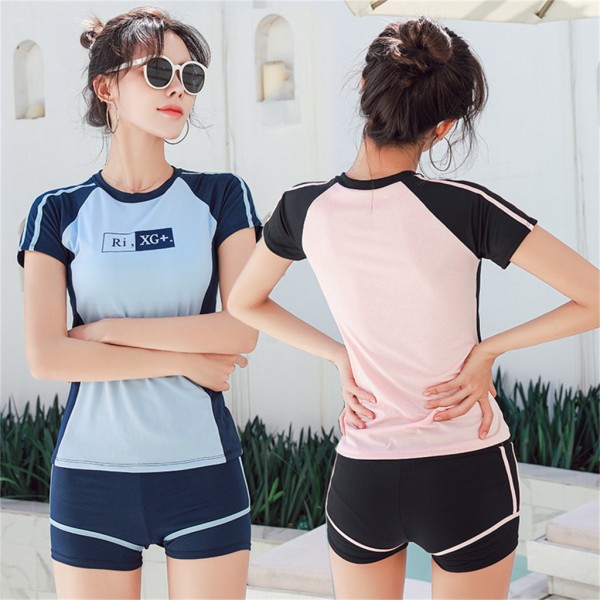 Lyhythihaiset naisten rashguard ja poikashortsit kaksiosaiset jaetut uimapuvut opiskelijoiden vatsanhallinta-uimapuvut lomalle vaaleanpunainen Pink XL