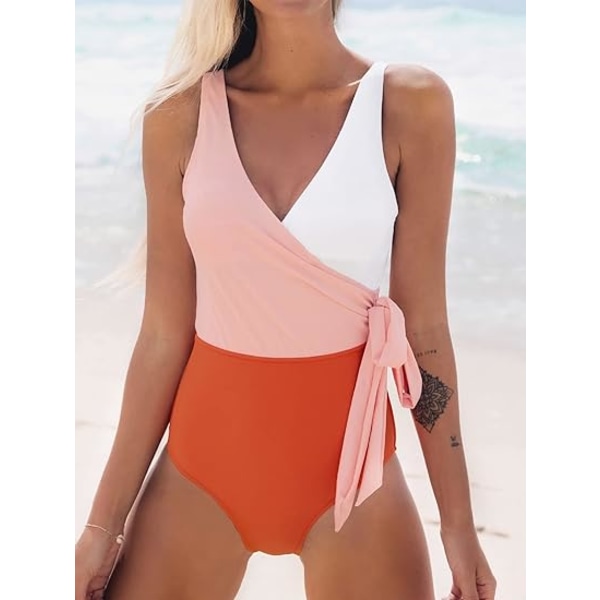 Kvinnors One Piece Baddräkt Wrap Color Block Tie Sida Bad Sui