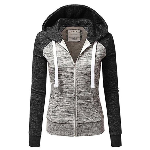 Naisten hupparit Color Block -huppari Basic Zip Up Jersey Jacket Pitkähihainen toppi taskuilla Plus ize musta harmaa Black grey S