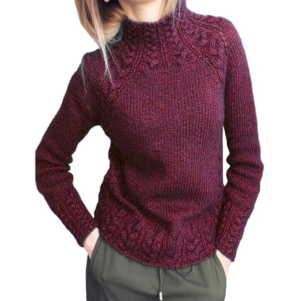 Kvinders langærmede højhalsede striktrøjer ensfarvet sweater Claret Claret XL