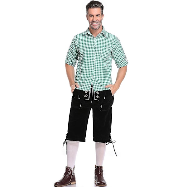 Miesten Baijerin Oktoberfest-setti pukujuhliin ja olutfestivaaliin - Perinteinen ederhosen, paita ja hattu Halloween-asunvihreään Green L