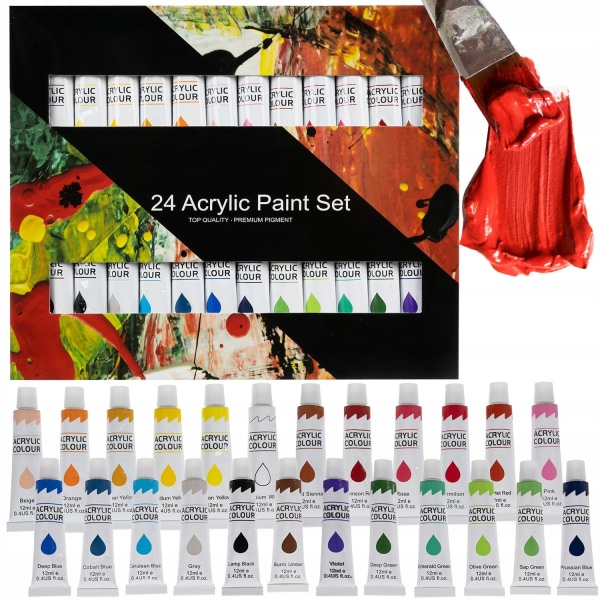 Färgstarka Akrylfärger: 24-tub Set, Luktfria, Giftfria multifärg