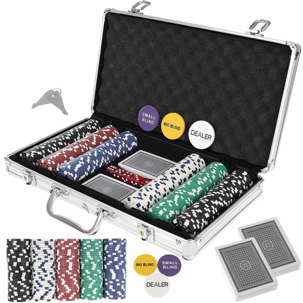 Portabelt pokerset: 300 marker, plastkort & låsbar väska Silver