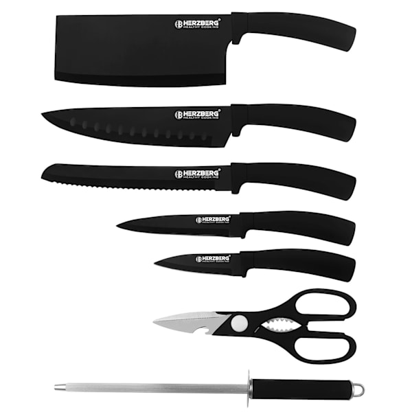 Smidigt knivset med non-stick-beläggning och roterbart ställ Svart