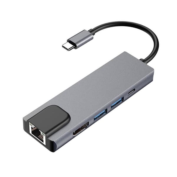 USB-C-hub: 5-i-1, HDMI, Ethernet, Snygg Design grå