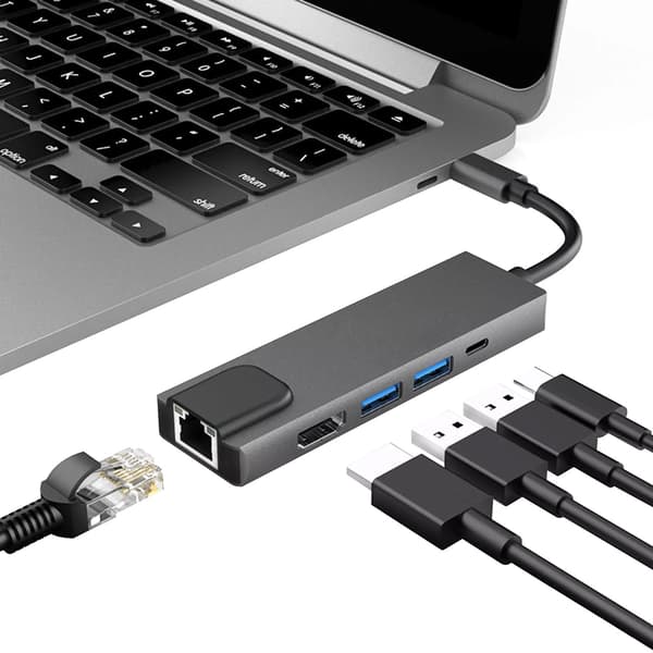USB-C-hub: 5-i-1, HDMI, Ethernet, Snygg Design grå