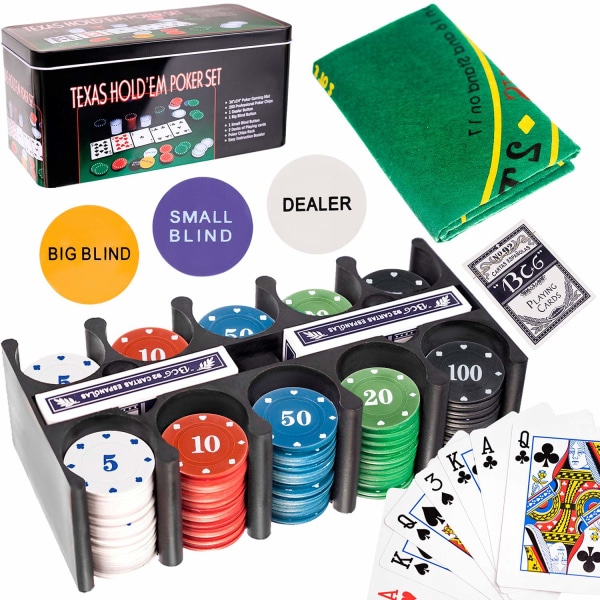 Pokerset 200 Marker & 2 Kortlekar - Spelkväll multifärg