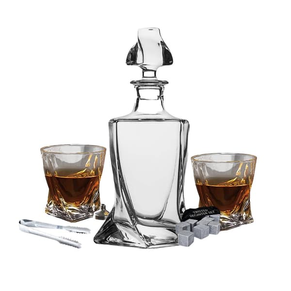 Elegant Karaffset: Kristallglas, Whiskystenar & Träförvaring Transparent