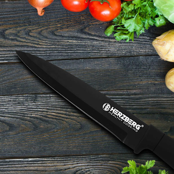 Smidigt knivset med non-stick-beläggning och roterbart ställ Svart