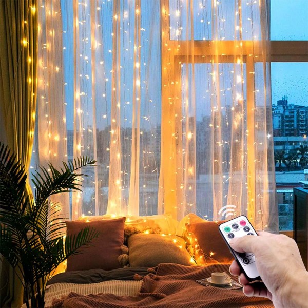 LED-gardin ljusslinga: 300 lampor, fjärrkontroll & timer Transparent