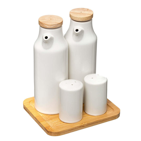 Elegant Olja/Vinäger Set med Bambulock Vit
