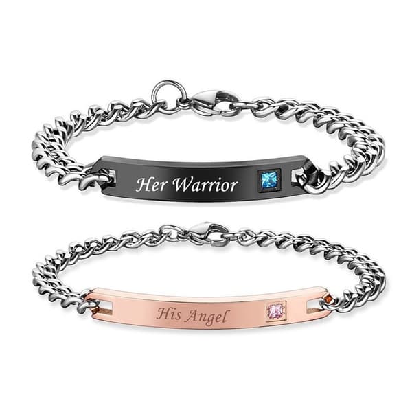 Kärleksarmband i stål: "Her Warrior" & "His Angel" Silver
