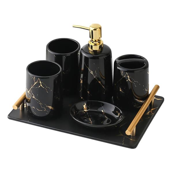 Elegant 5-delars badrumsset i svart marmor & guld Svart