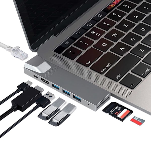 Multifunktionell MacBook-docka: HDMI, USB-C, Ethernet & mer! grå