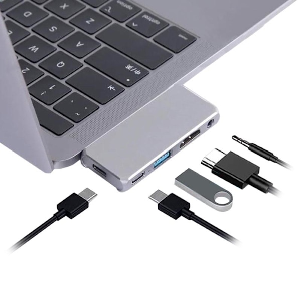 USB-C-hubb: 5-i-1 Anslutning, HDMI, Ström & Ljud grå