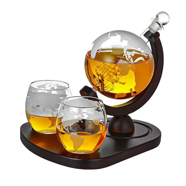 Handblåst Glas Karaff med Skepp, Världskartor & 2 Glas Transparent