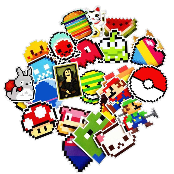25 Pixlade Klistermärken: Hjärtan, Mario, Pikachu multifärg