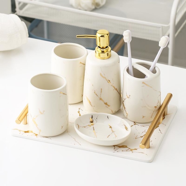 Elegant Badrumsset i Marmor & Guld - 5 Delar Vit