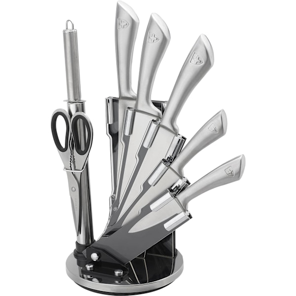Proffsigt Knivset: 5 Knivar, Roterande Ställ & Knivslip Silver