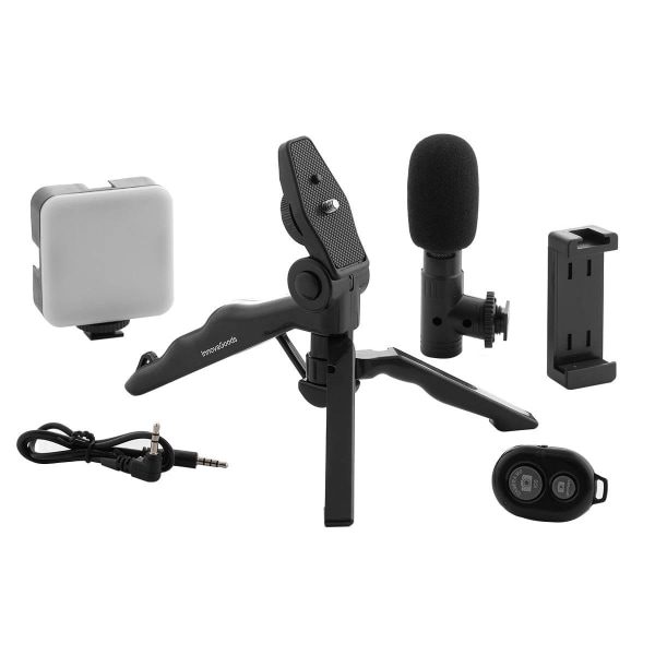 Vlog-Kit: Stativ, LED-Lampa, Mikrofon & Fjärrkontroll Svart