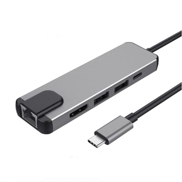 USB-C-hub: 5-i-1, HDMI, Ethernet, Snygg Design grå