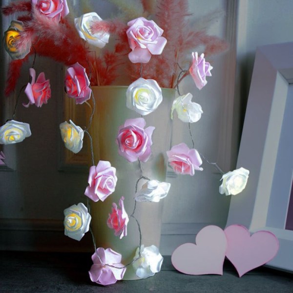 Romantisk batteridriven ljusslinga med konstgjorda rosor Rosa