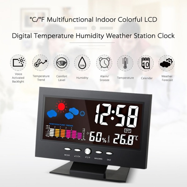 Mångsidig digital klocka med färgskärm och temperaturmätning Svart