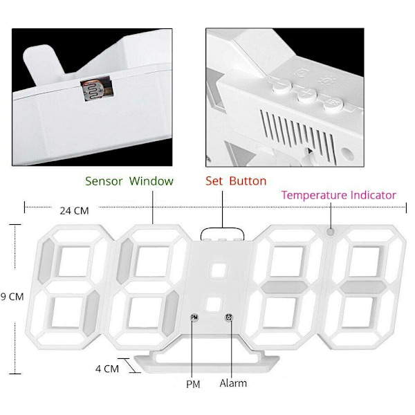 Stilren 3D Digital Klocka: Alarm, Ljussensor & Tempvisning Vit