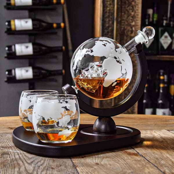 Handblåst Glas Karaff med Skepp, Världskartor & 2 Glas Transparent