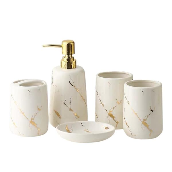 Elegant Badrumsset i Marmor & Guld - 5 Delar Vit