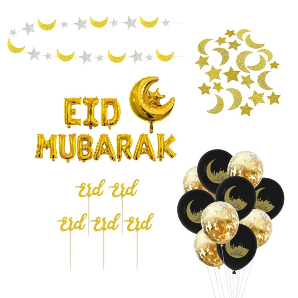 Eid Mubarak-dekoration: Ballonger, Girlang & Kakpinnar multifärg