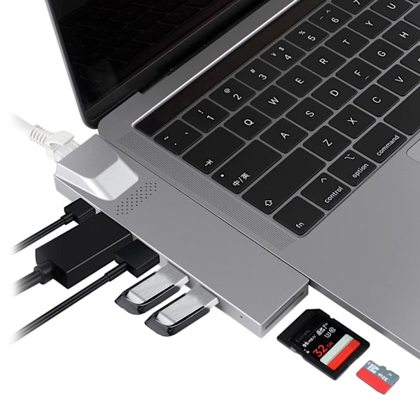 Multifunktionell MacBook-docka: HDMI, USB-C, Ethernet & mer! grå