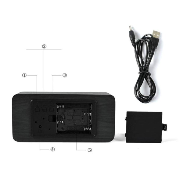 Stilren Trädesign Väckarklocka: LED, Temp, 3 Larm, USB/AAA Svart