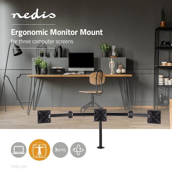 Ergonomiskt 3-Skärmsstativ: Justerbar, 14"-24", 21kg Max Svart