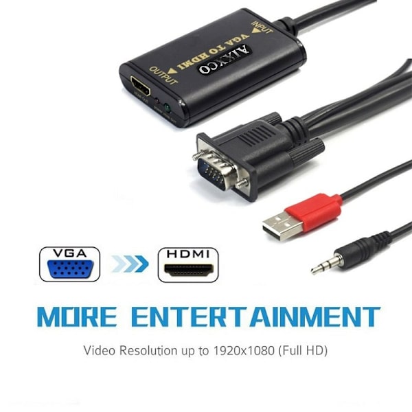 VGA till HDMI-kabel: 1080p, USB-drivna, Ljudöverföring Svart